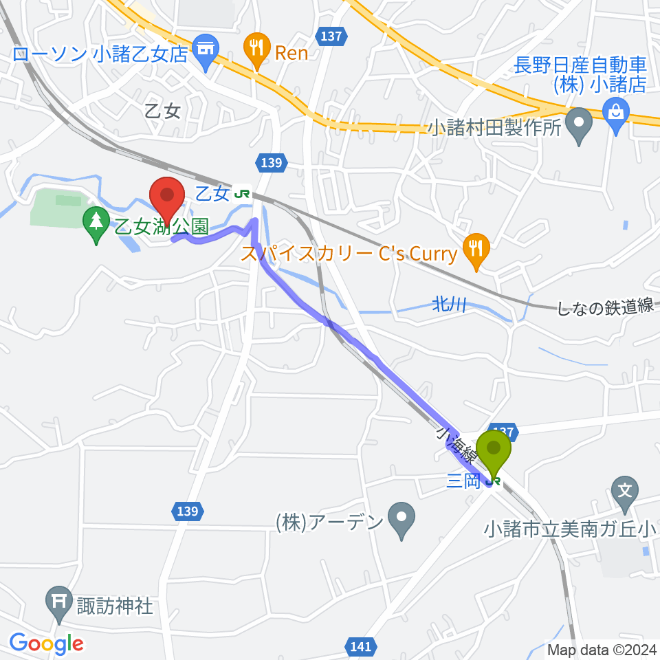 三岡駅から小諸市文化会館へのルートマップ地図