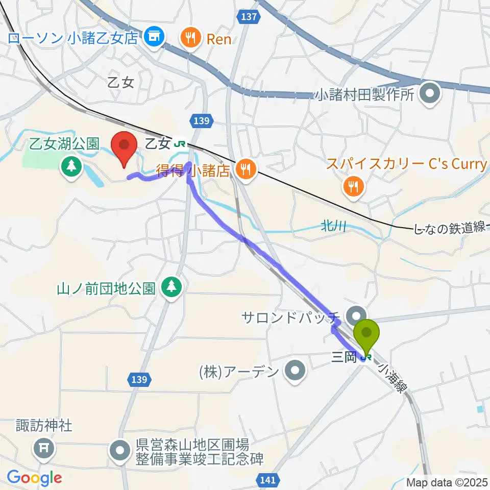 三岡駅から小諸市文化会館へのルートマップ地図