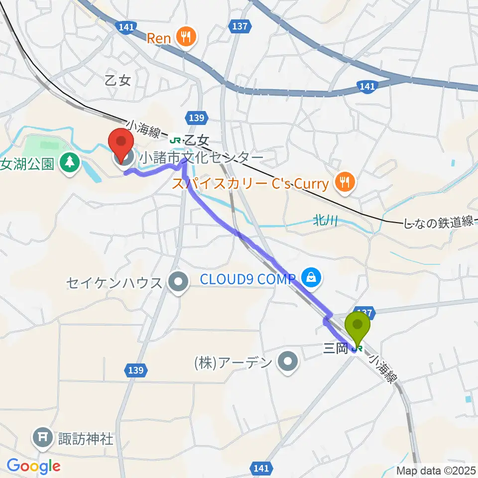 三岡駅から小諸市文化会館へのルートマップ地図