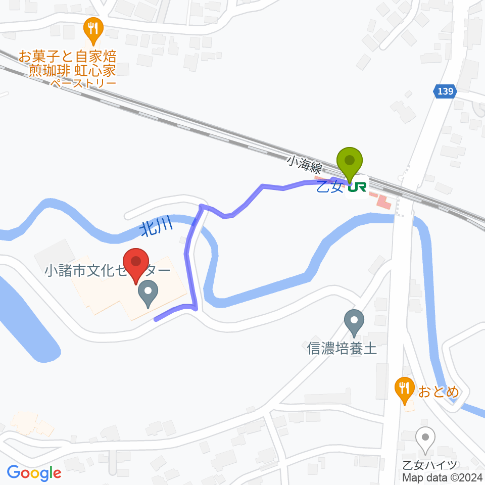 小諸市文化会館の最寄駅乙女駅からの徒歩ルート（約4分）地図