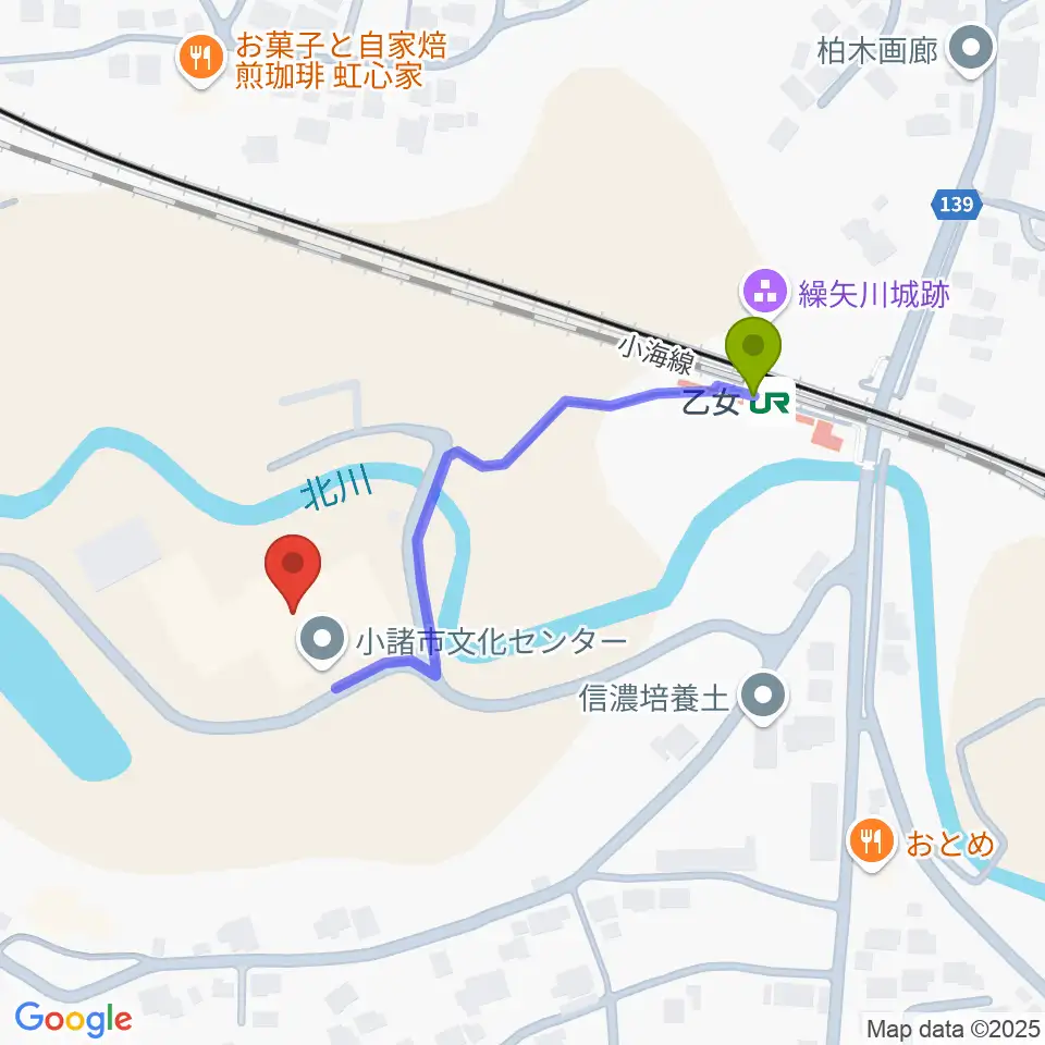 小諸市文化会館の最寄駅乙女駅からの徒歩ルート（約4分）地図