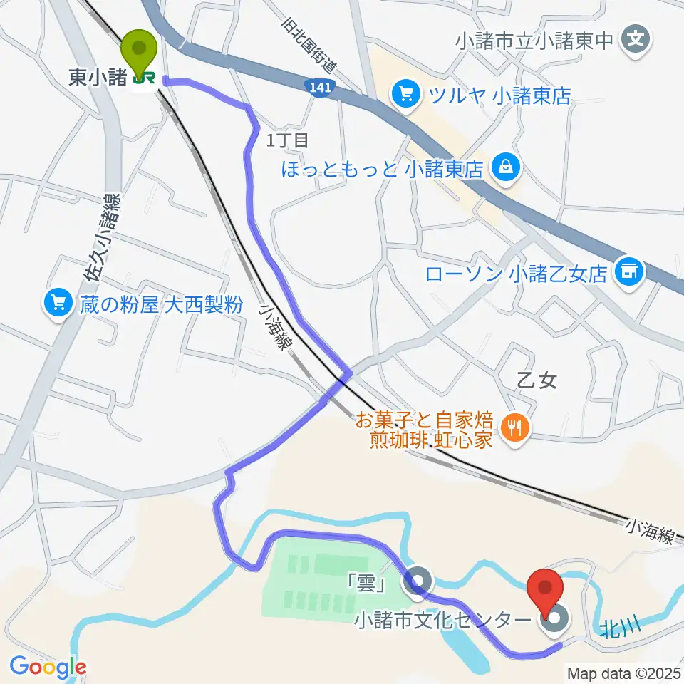 東小諸駅から小諸市文化会館へのルートマップ地図