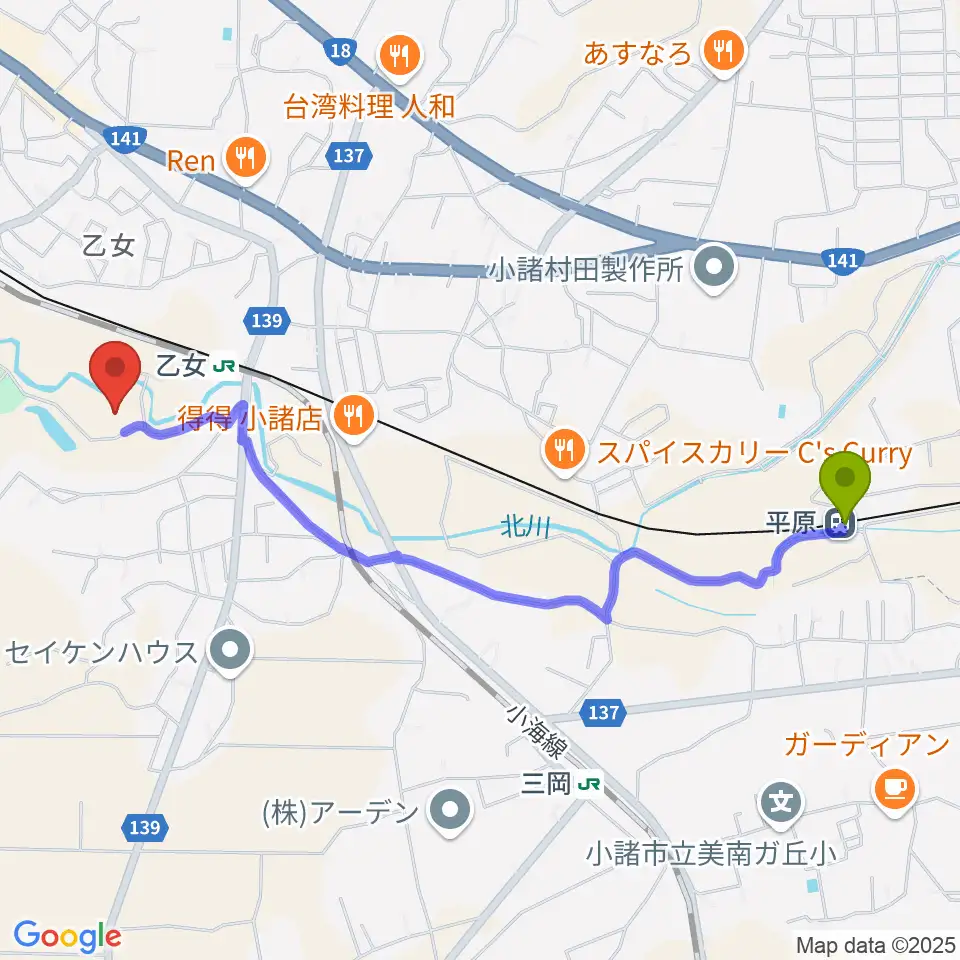 平原駅から小諸市文化会館へのルートマップ地図