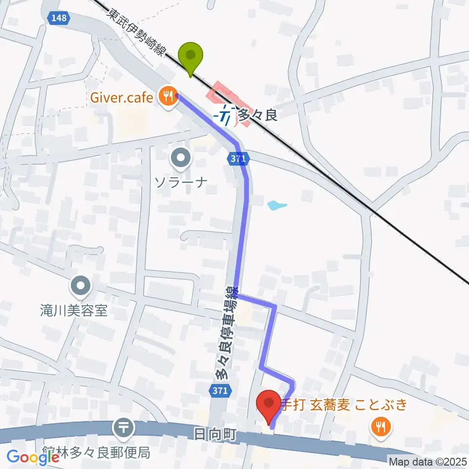 石田ピアノ調律プロモーションの最寄駅多々良駅からの徒歩ルート（約6分）地図