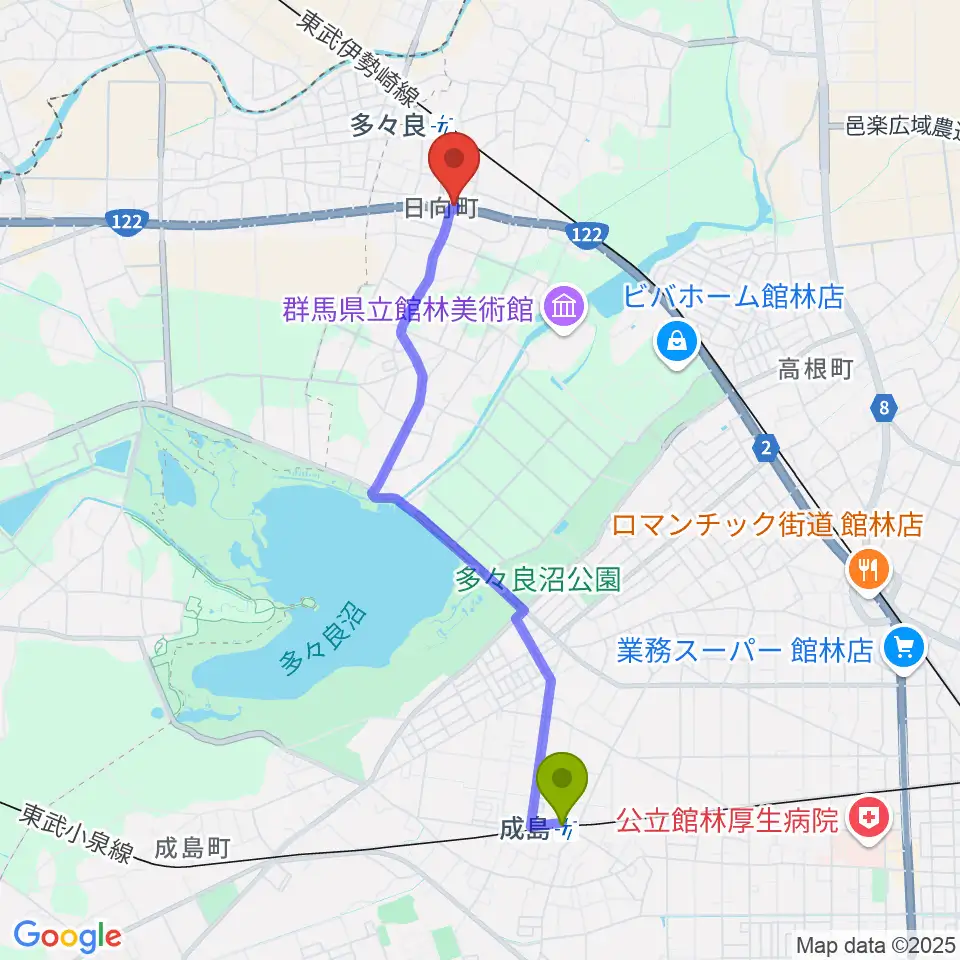 成島駅から石田ピアノ調律プロモーションへのルートマップ地図