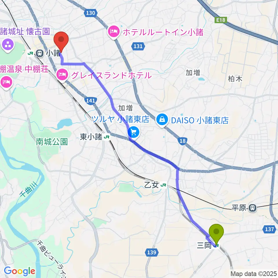 三岡駅から小諸市市民交流センターへのルートマップ地図