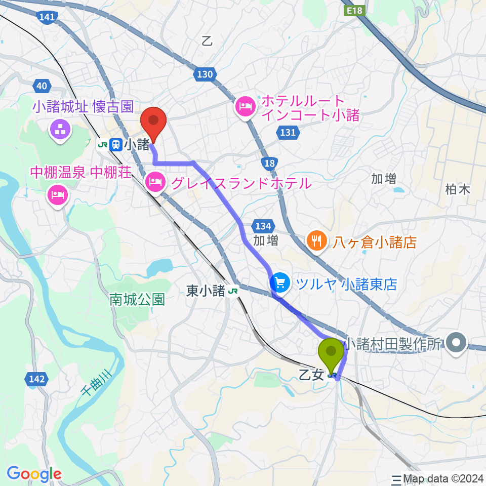 乙女駅から小諸市市民交流センターへのルートマップ地図