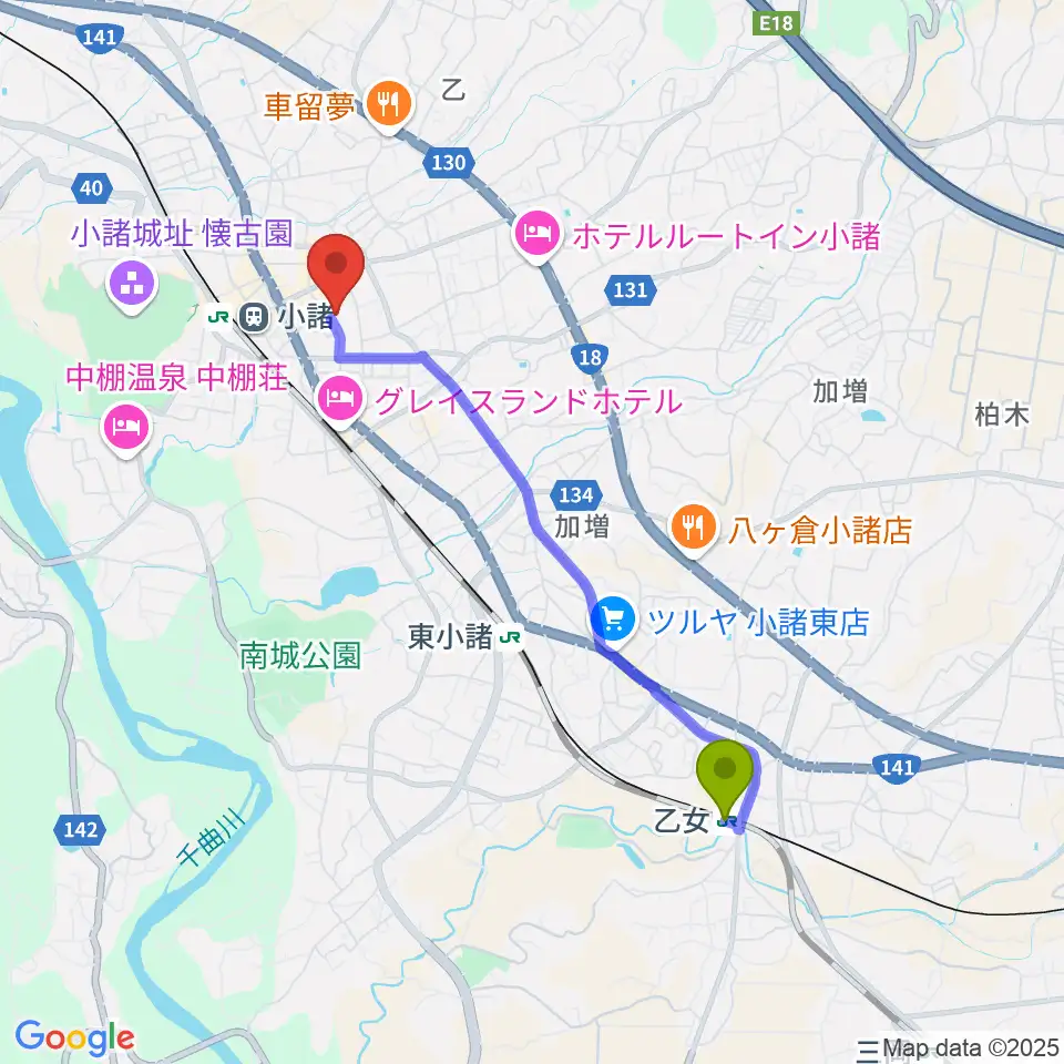 乙女駅から小諸市市民交流センターへのルートマップ地図