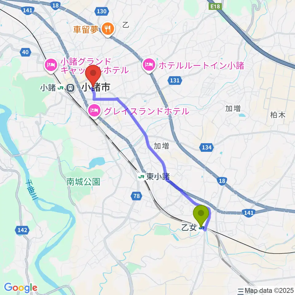 乙女駅から小諸市市民交流センターへのルートマップ地図