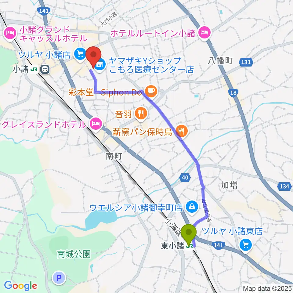 東小諸駅から小諸市市民交流センターへのルートマップ地図