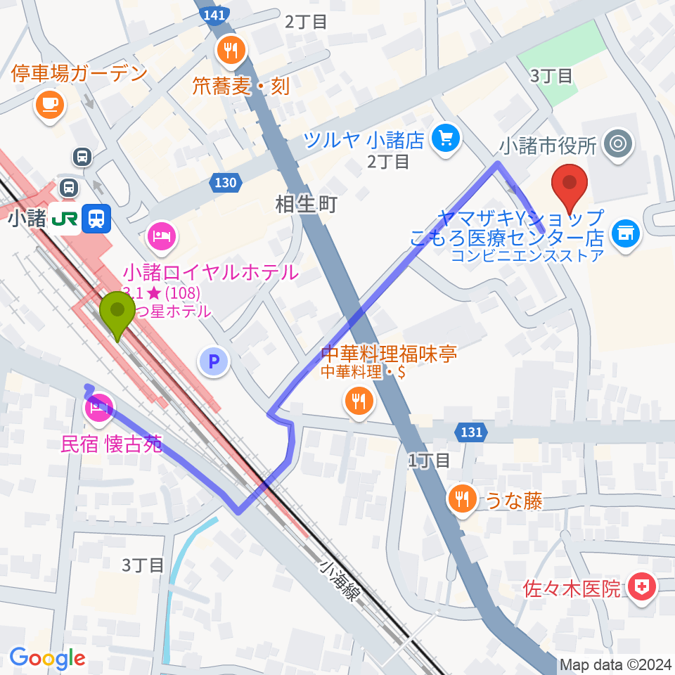 小諸市市民交流センターの最寄駅小諸駅からの徒歩ルート（約5分）地図