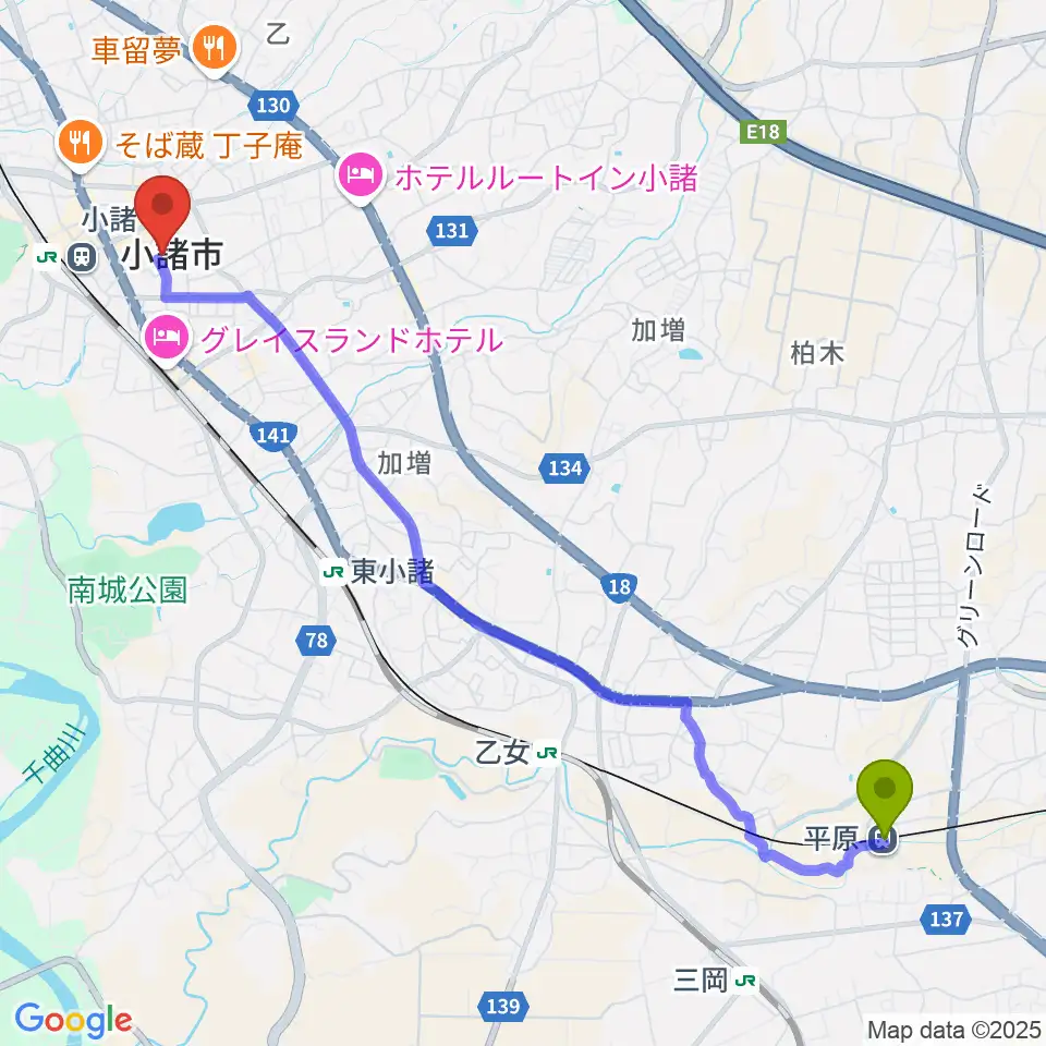 平原駅から小諸市市民交流センターへのルートマップ地図