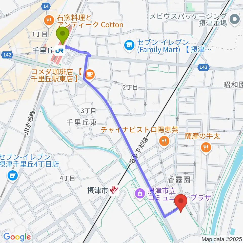 千里丘駅から摂津市民文化ホールへのルートマップ地図