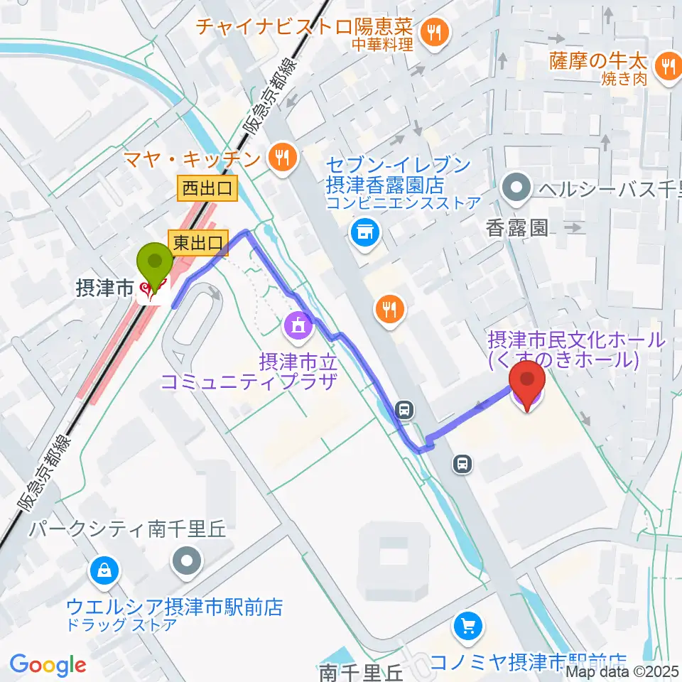 摂津市民文化ホールの最寄駅摂津市駅からの徒歩ルート（約4分）地図