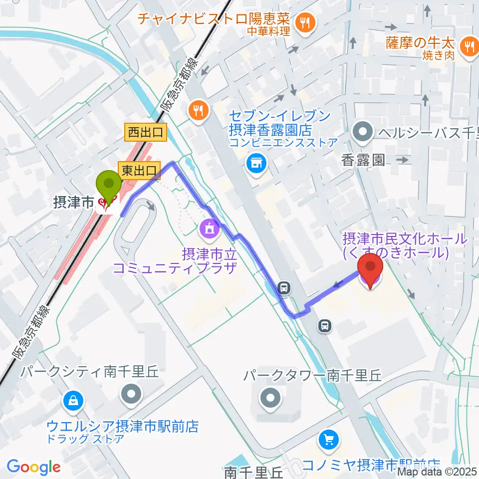 摂津市民文化ホールの最寄駅摂津市駅からの徒歩ルート（約4分）地図