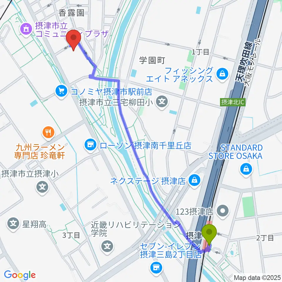 摂津駅から摂津市民文化ホールへのルートマップ地図