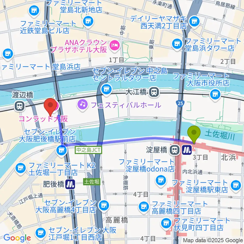 淀屋橋駅から中之島会館へのルートマップ地図