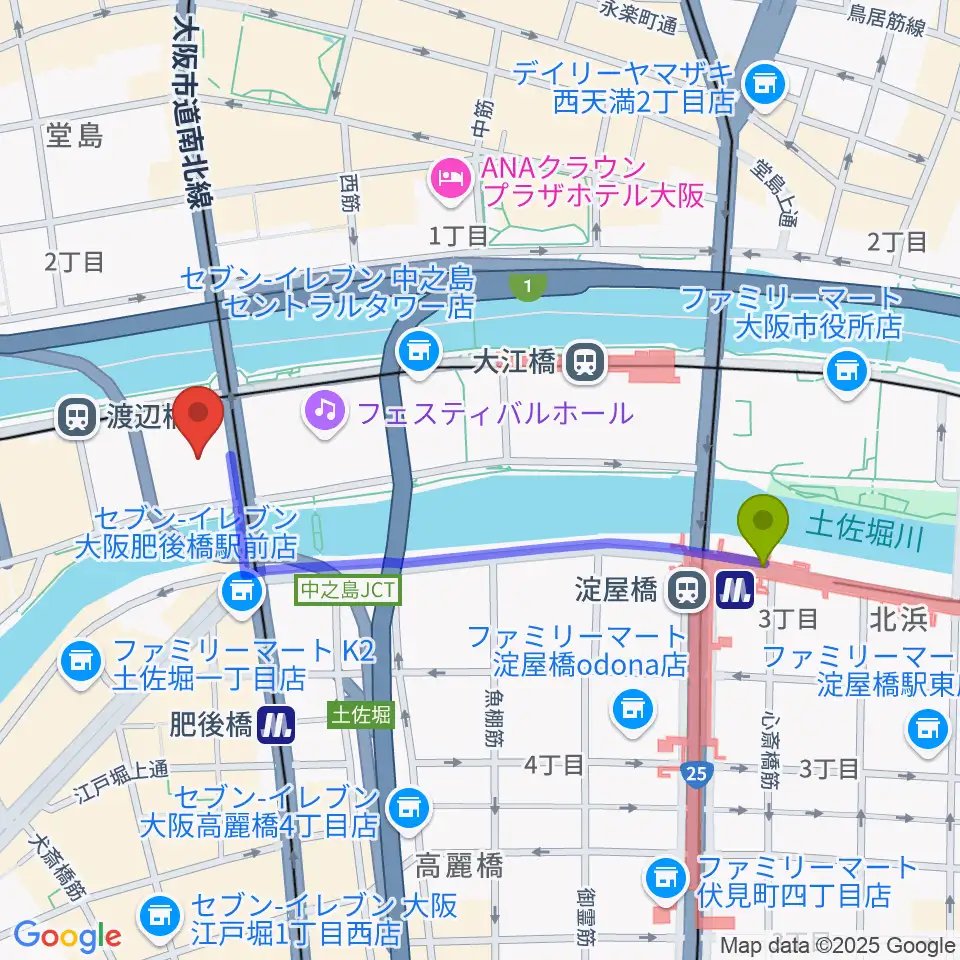 淀屋橋駅から中之島会館へのルートマップ地図