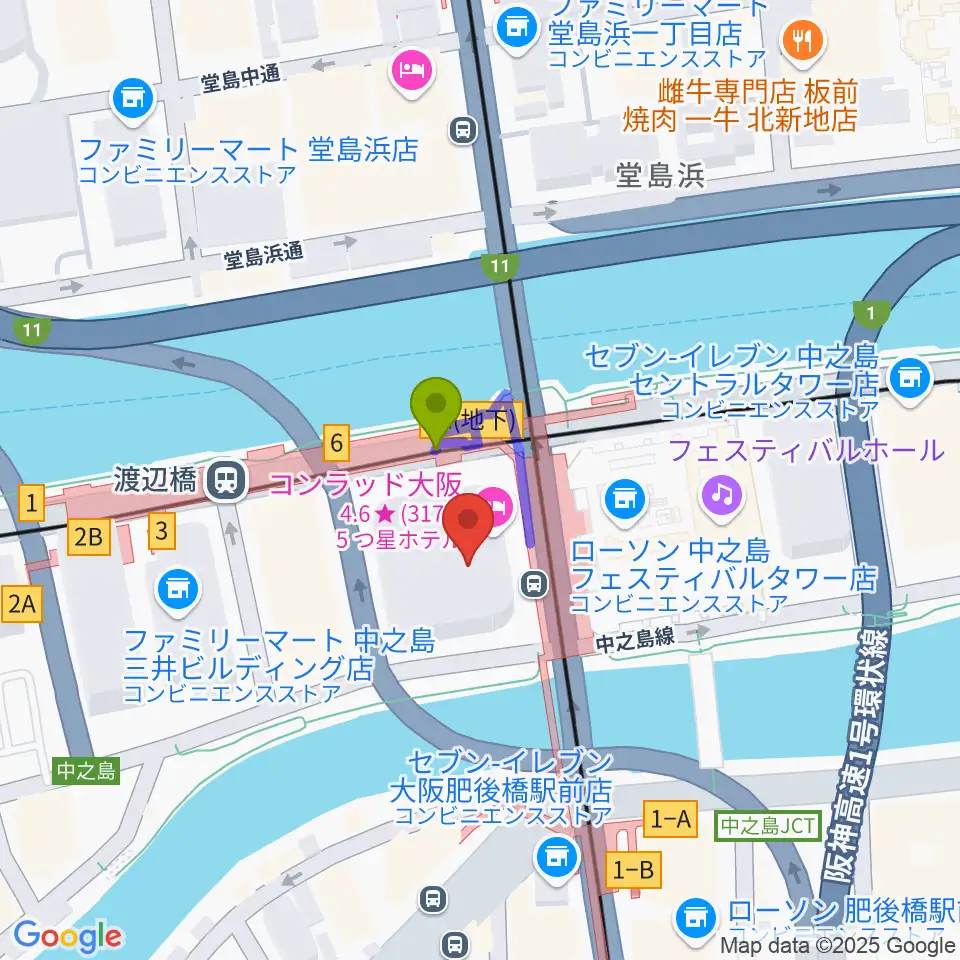 中之島会館の最寄駅渡辺橋駅からの徒歩ルート（約1分）地図