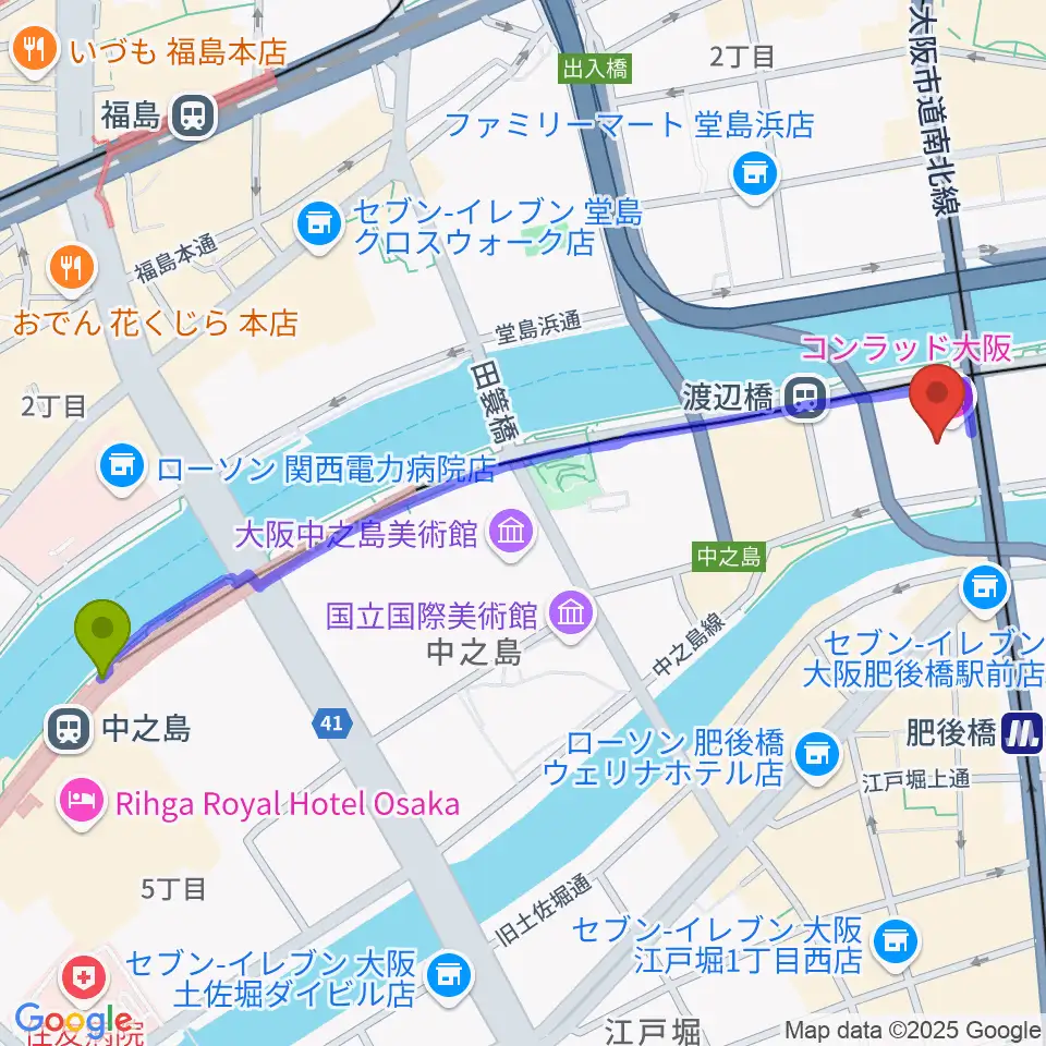 中之島駅から中之島会館へのルートマップ地図