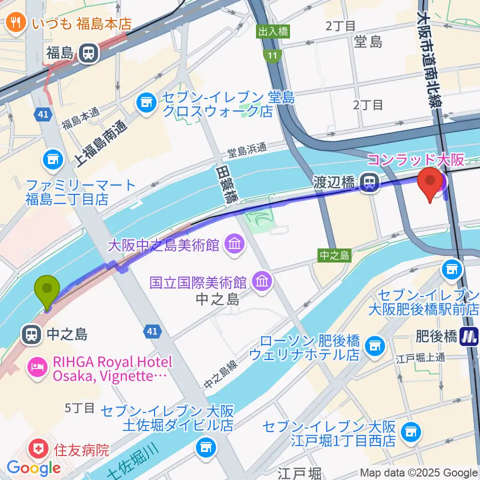 中之島駅から中之島会館へのルートマップ地図