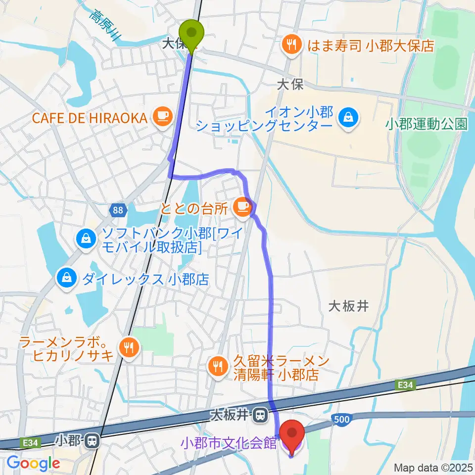大保駅から小郡市文化会館へのルートマップ地図