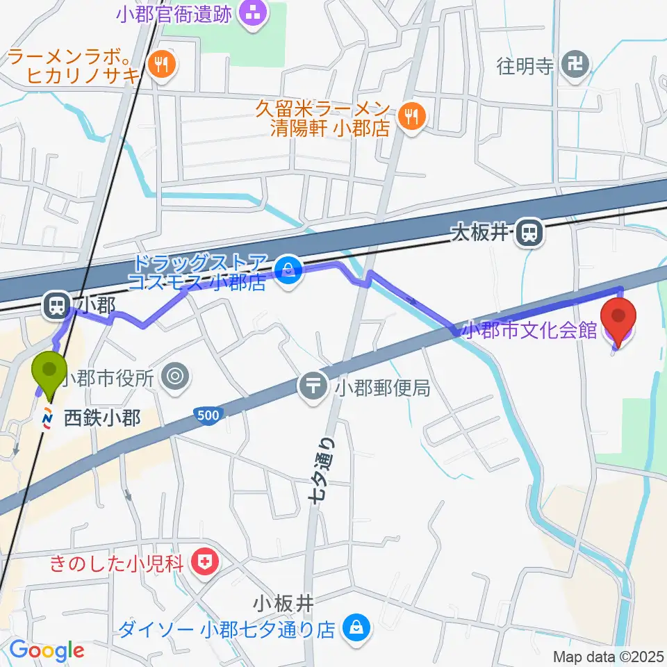 西鉄小郡駅から小郡市文化会館へのルートマップ地図