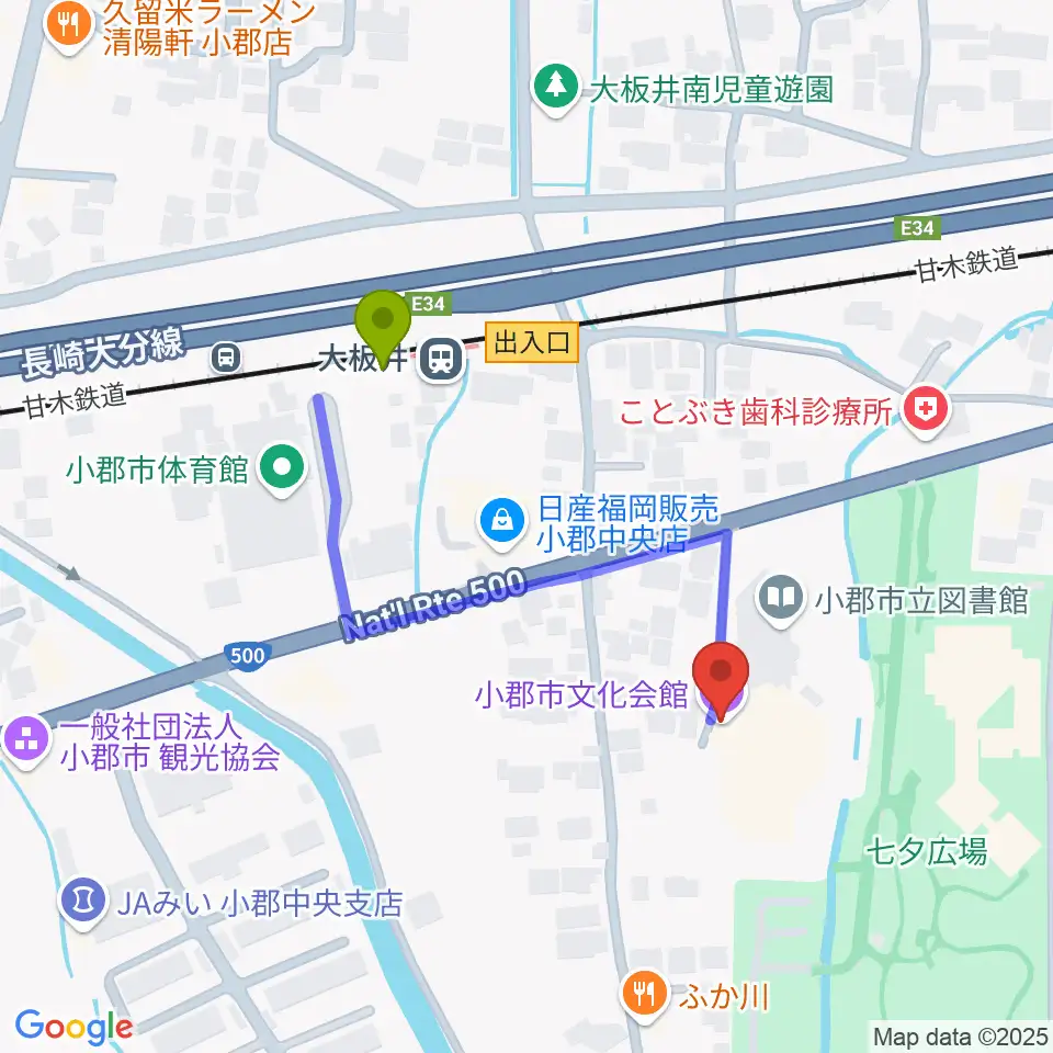 小郡市文化会館の最寄駅大板井駅からの徒歩ルート（約4分）地図