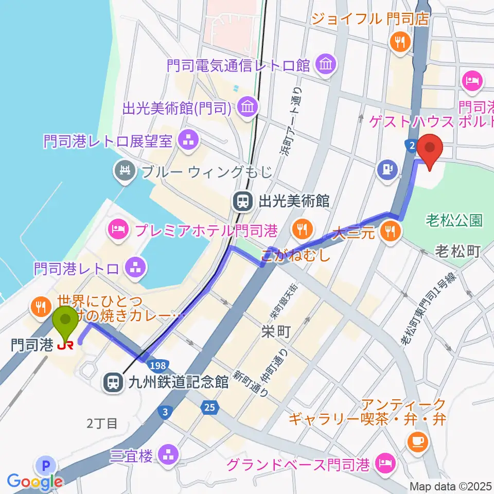 門司港駅から門司市民会館へのルートマップ地図