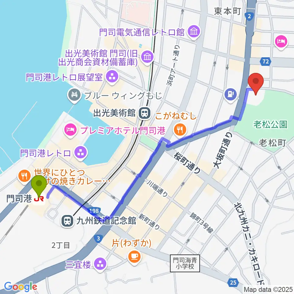 門司港駅から門司市民会館へのルートマップ地図