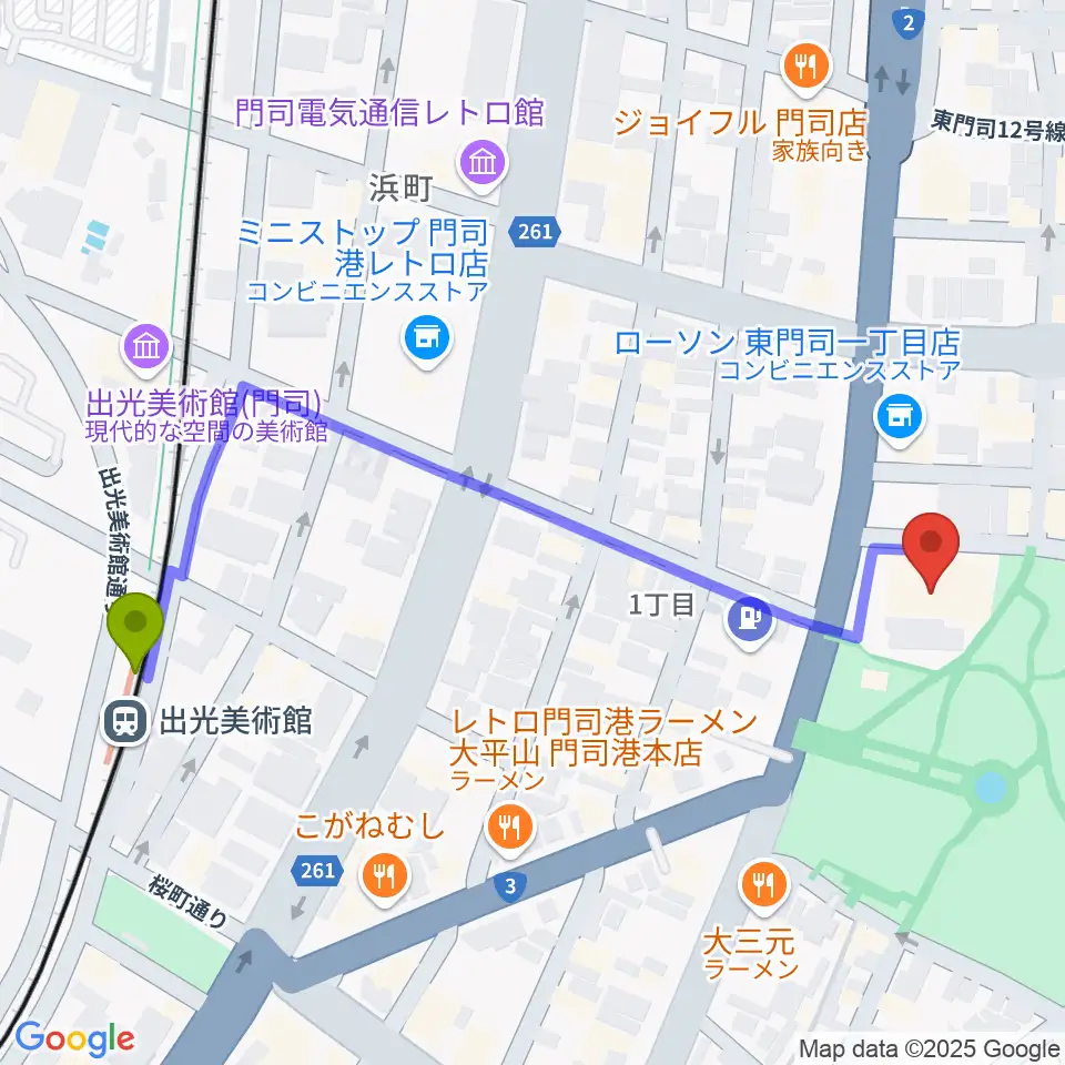 門司市民会館の最寄駅出光美術館駅からの徒歩ルート（約6分）地図