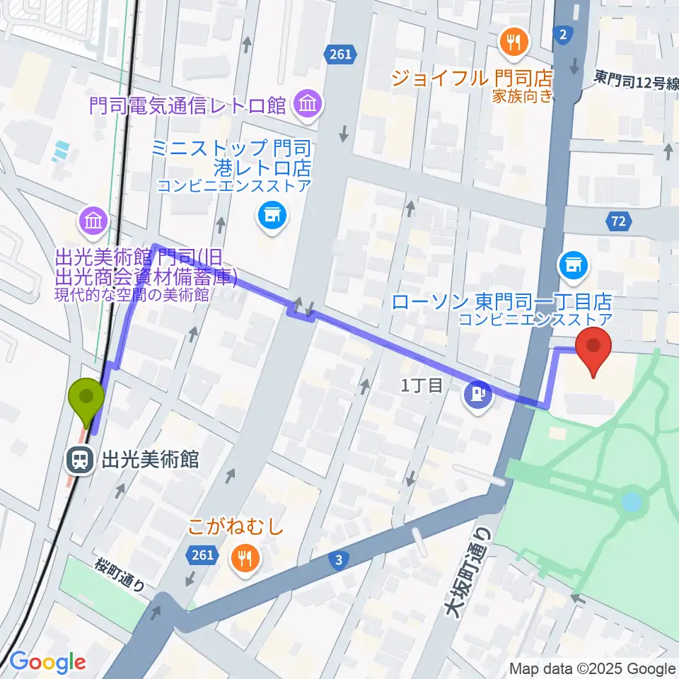門司市民会館の最寄駅出光美術館駅からの徒歩ルート（約6分）地図