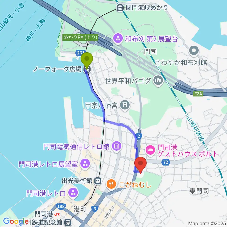 ノーフォーク広場駅から門司市民会館へのルートマップ地図