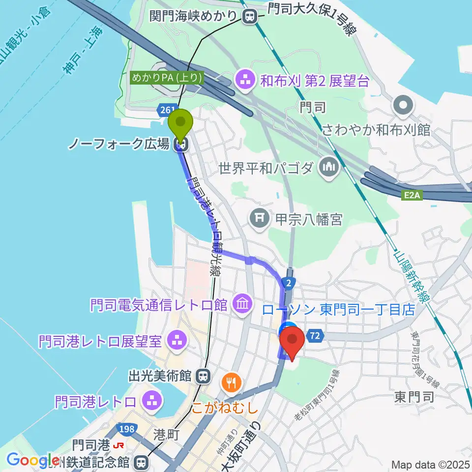 ノーフォーク広場駅から門司市民会館へのルートマップ地図