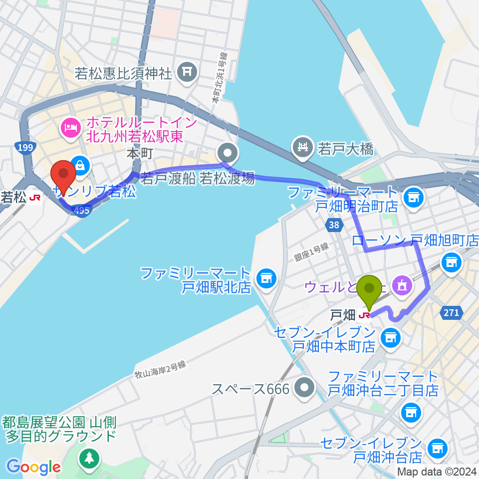 戸畑駅から若松市民会館へのルートマップ地図