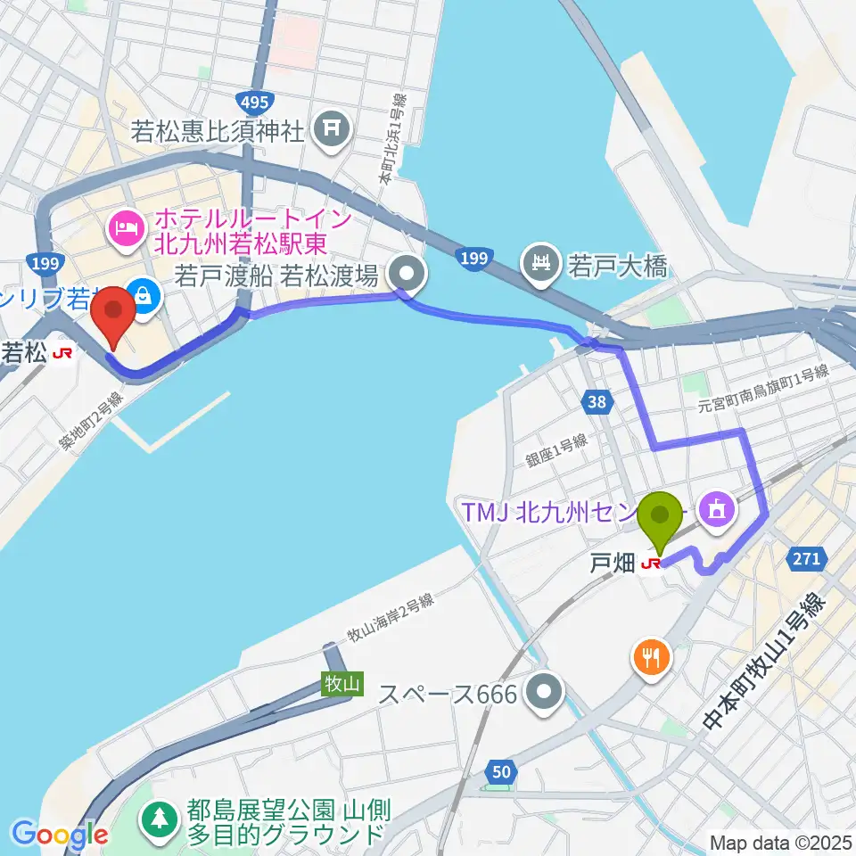 戸畑駅から若松市民会館へのルートマップ地図