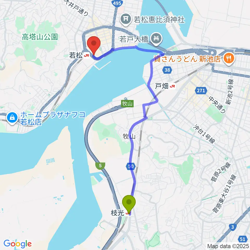 枝光駅から若松市民会館へのルートマップ地図