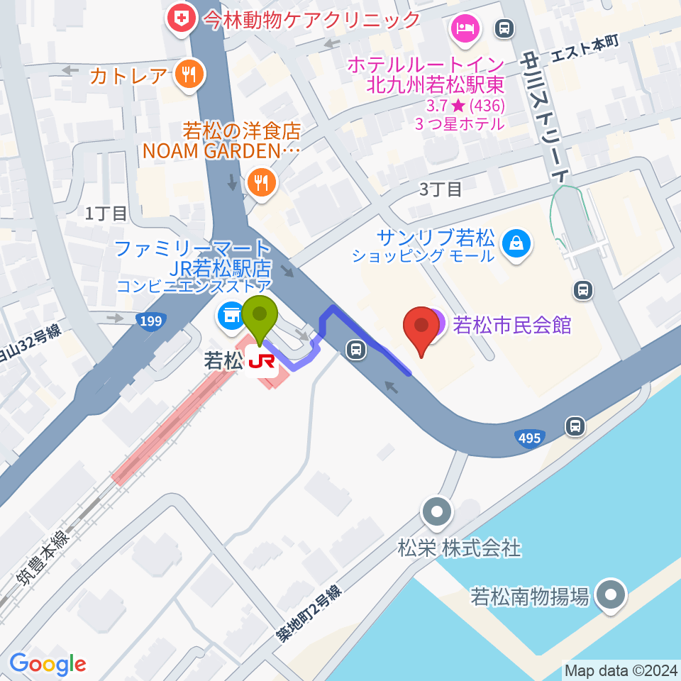 若松市民会館の最寄駅若松駅からの徒歩ルート（約2分）地図