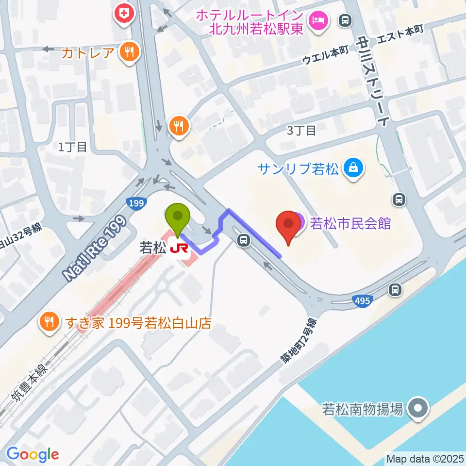 若松市民会館の最寄駅若松駅からの徒歩ルート（約2分）地図