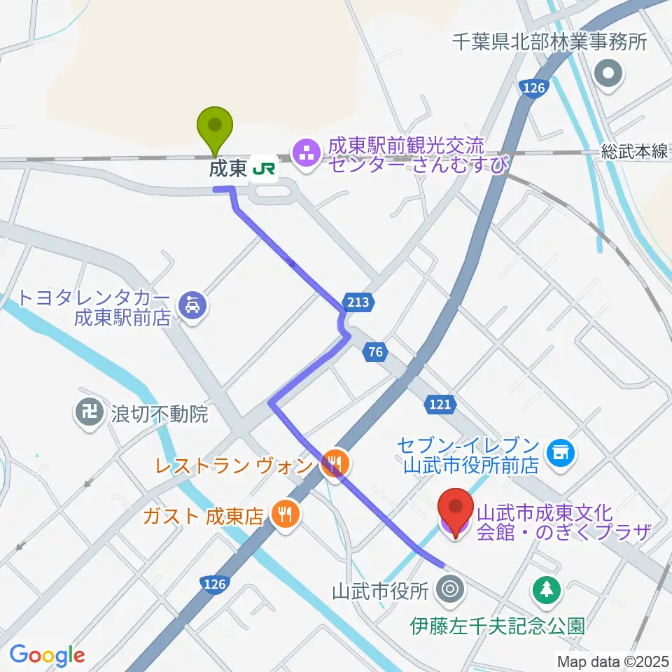 山武市成東文化会館のぎくプラザの最寄駅成東駅からの徒歩ルート（約10分）地図