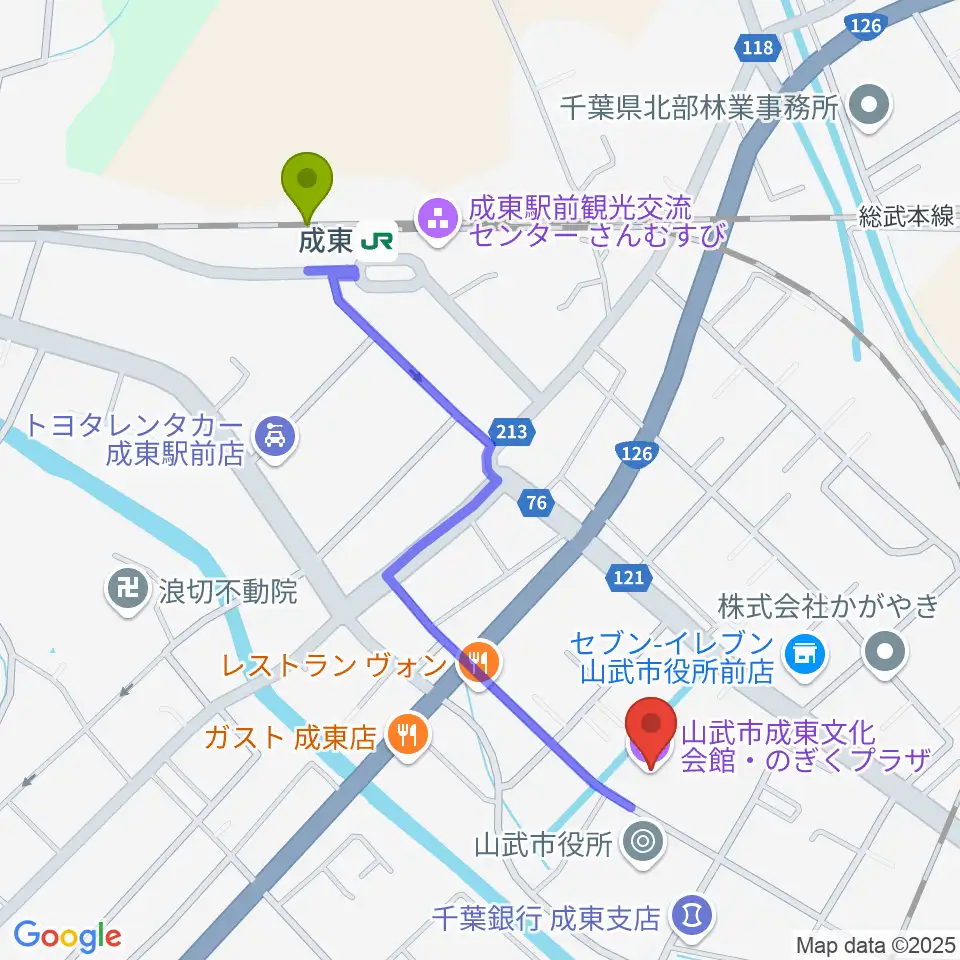 山武市成東文化会館のぎくプラザの最寄駅成東駅からの徒歩ルート（約10分）地図
