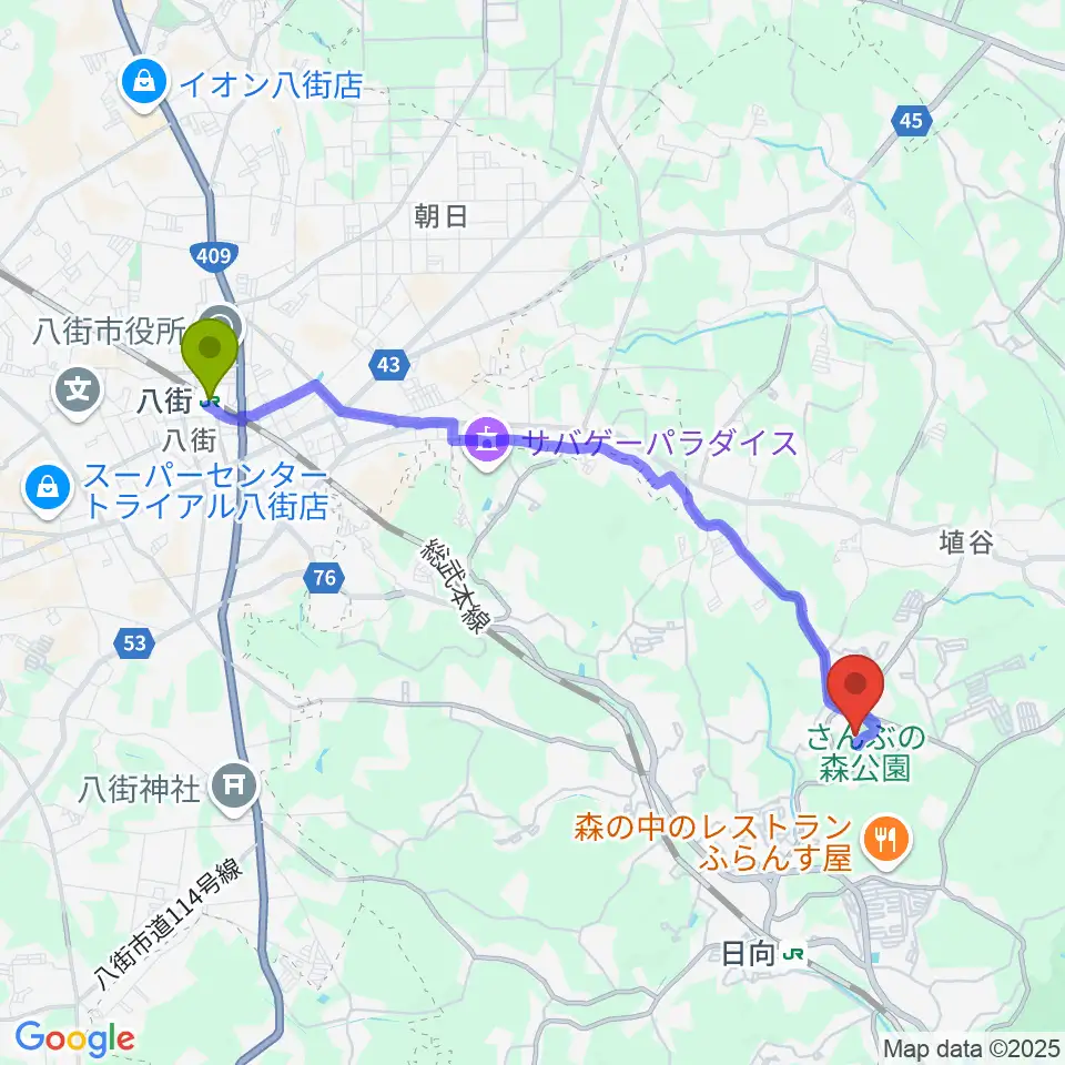 八街駅からさんぶの森文化ホールへのルートマップ地図