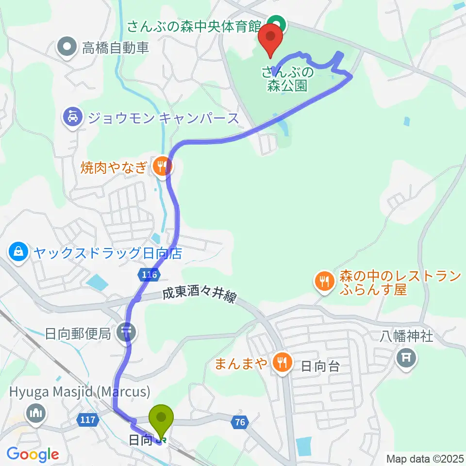 さんぶの森文化ホールの最寄駅日向駅からの徒歩ルート（約26分）地図