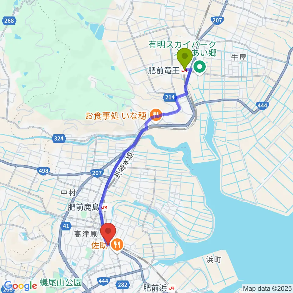 肥前竜王駅から鹿島市生涯学習センター・エイブルへのルートマップ地図