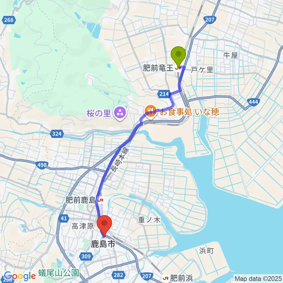 肥前竜王駅から鹿島市生涯学習センター・エイブルへのルートマップ地図