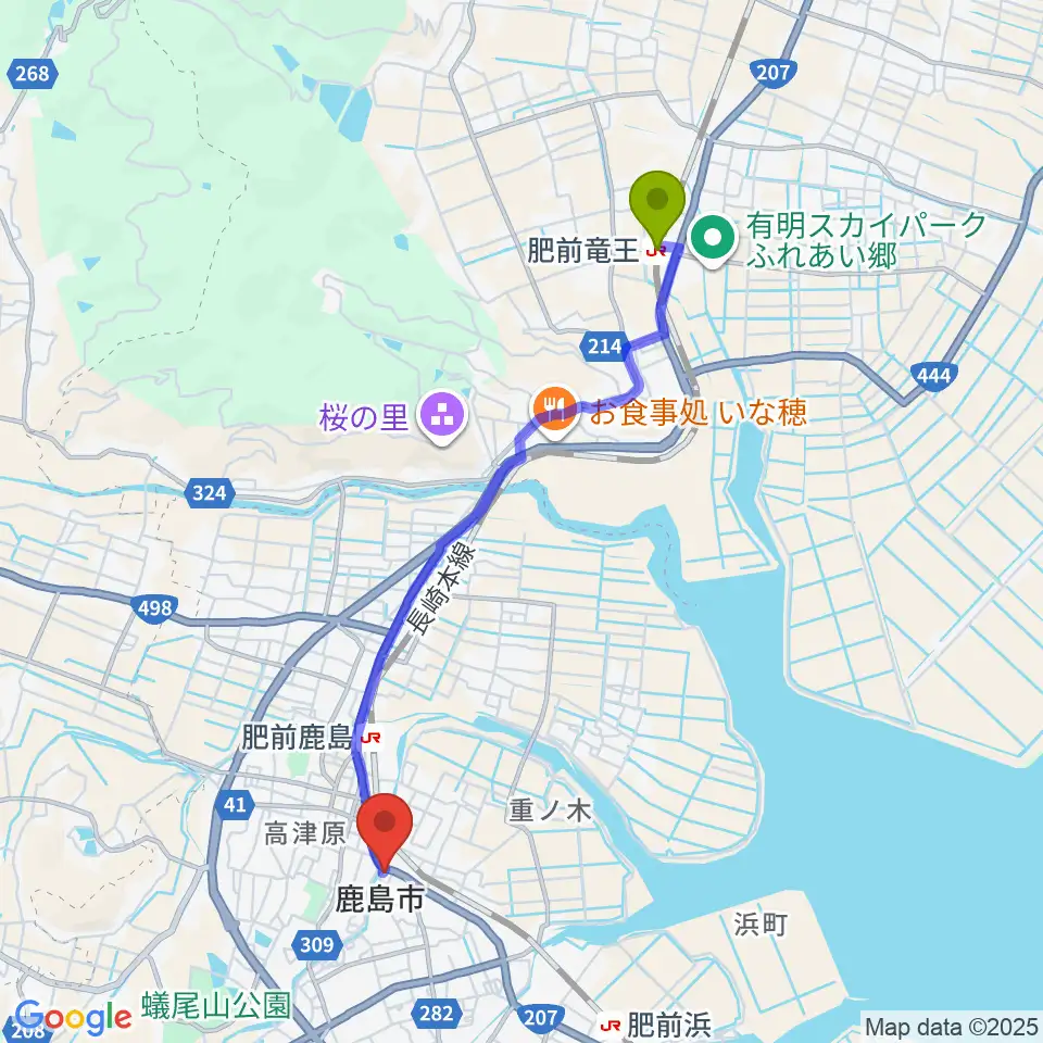 肥前竜王駅から鹿島市生涯学習センター・エイブルへのルートマップ地図