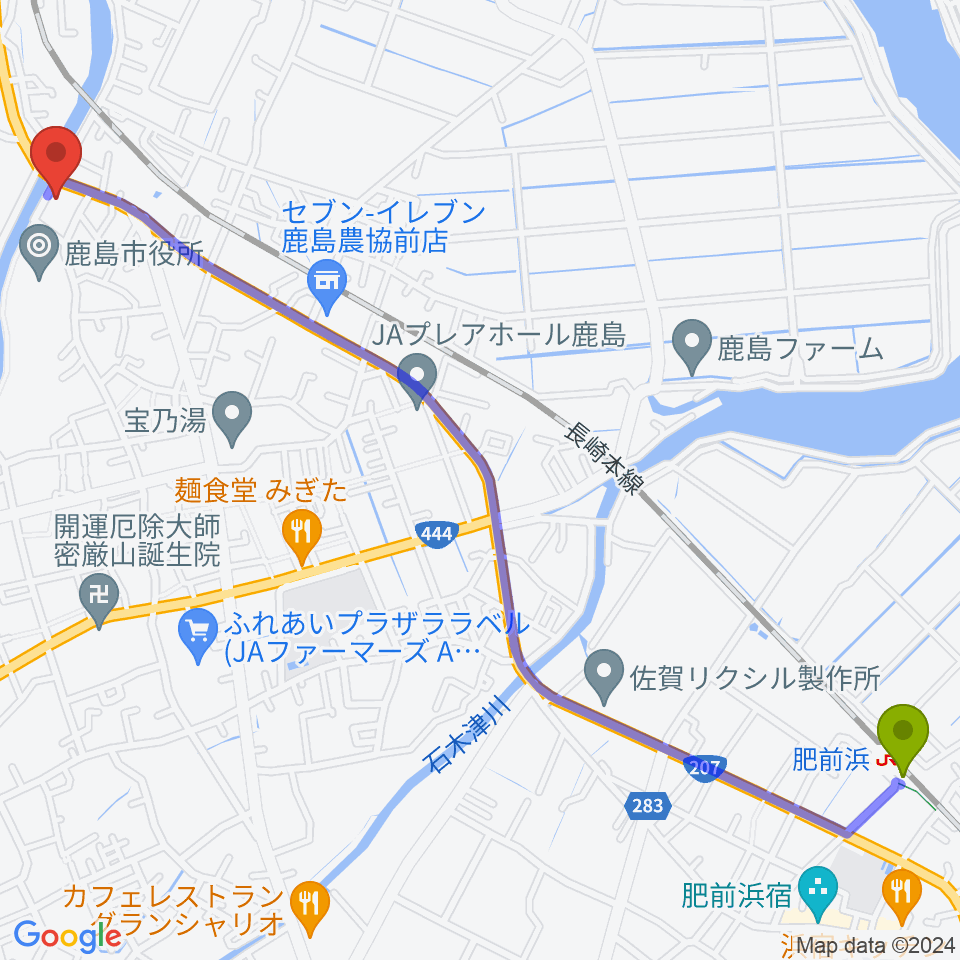 肥前浜駅から鹿島市生涯学習センター・エイブルへのルートマップ地図
