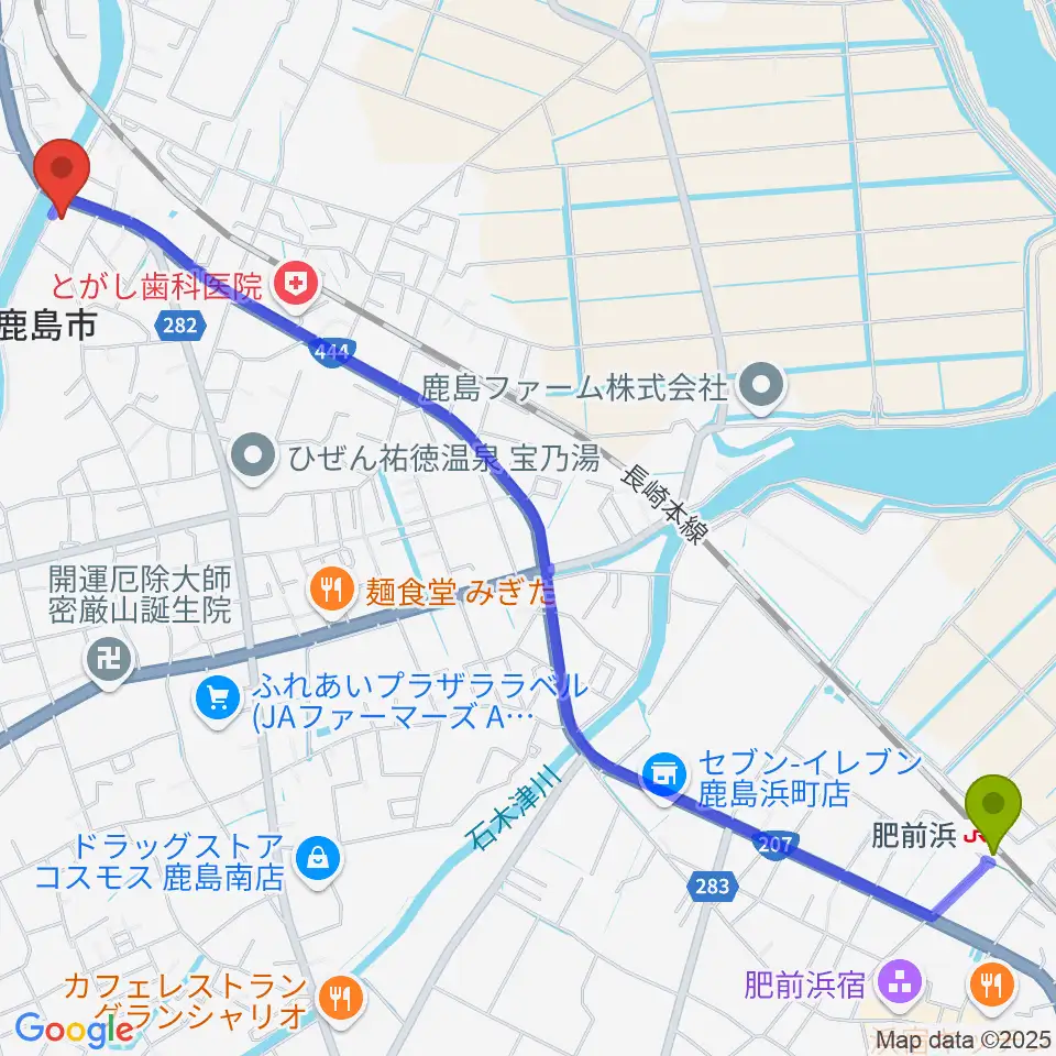 肥前浜駅から鹿島市生涯学習センター・エイブルへのルートマップ地図