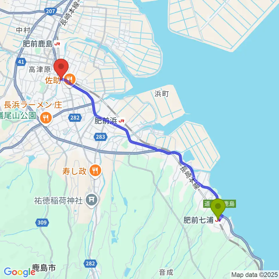 肥前七浦駅から鹿島市生涯学習センター・エイブルへのルートマップ地図