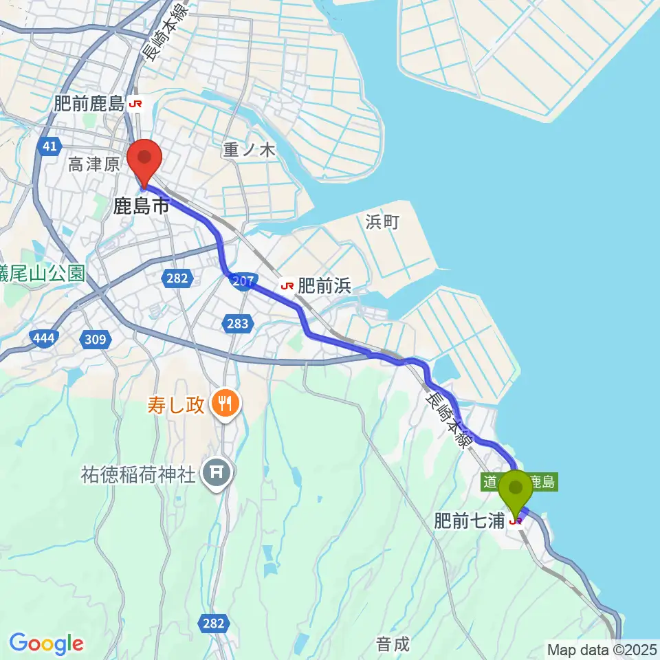 肥前七浦駅から鹿島市生涯学習センター・エイブルへのルートマップ地図